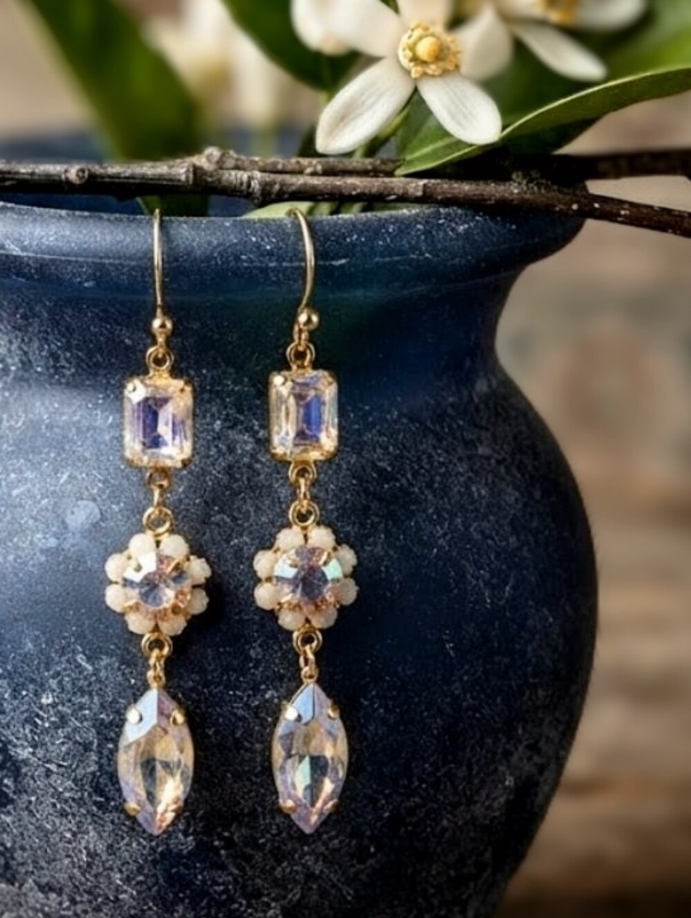 Sparkling Swarovski White Crystal & Opal Flower In Drop Gold Plated Earrings